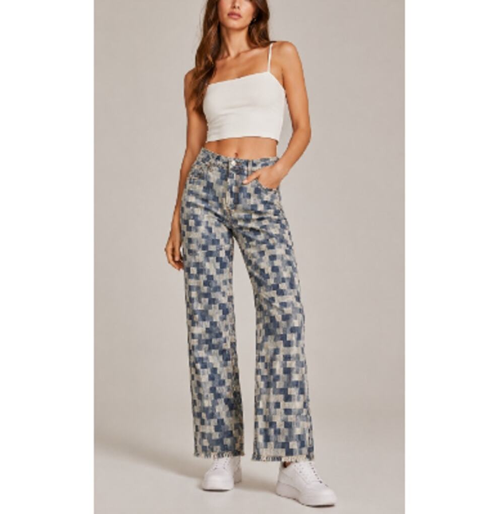 New REVICE Women's Multi Geometric Patchwork Wide Leg Pixel Jeans Size 28